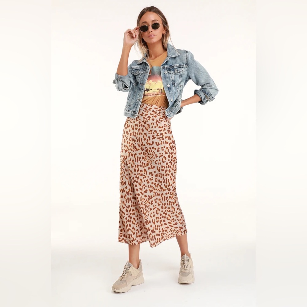 Free People Leopard Print Midi Skirt in Beige and Brown